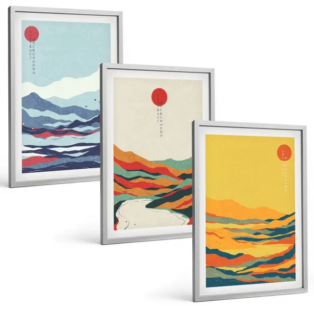 TULUP 4-Delige Schilderij Set - Kleurrijke abstracte berg- en rivierlandschappen - 40 x 60 cm - Muurdecoratie - Decoratieve Schilderijen - Wohnzimmer zilveren lijst