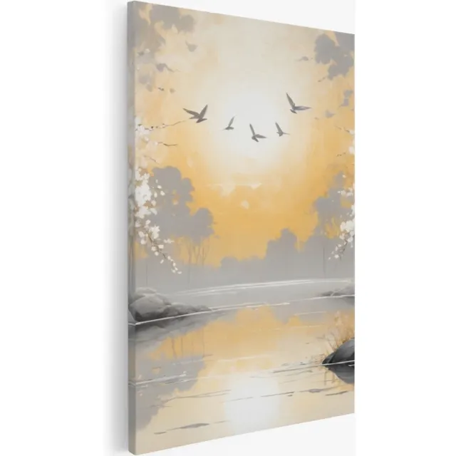 Saammp Canvas Schilderij - witte bomen met zon - Natuur - Landschap - 60x90 - Foto op canvas - Wanddecoratie - Muurdecoratie Woonkamer - Slaapkamer decoratie - Canvas Print Multicolor