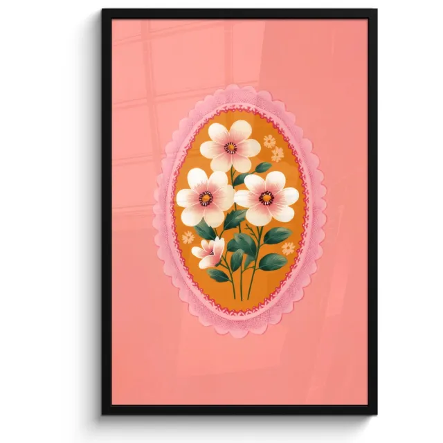 FrameYourWall Poster in lijst - Fotolijst 60x90 cm - Posters - Illustratie - Bloemen - Rand - Roze - Posterlijst zwart - Decoratie - Wanddecoratie woonkamer - Muurdecoratie slaapkamer