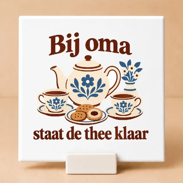 Bedruk King Vrolijke De thee-tante in winterstand Tegel – Kleurrijke Wanddecoratie voor Theeliefhebbers en Oma Fans - 15 x 15 cm met houder Wit