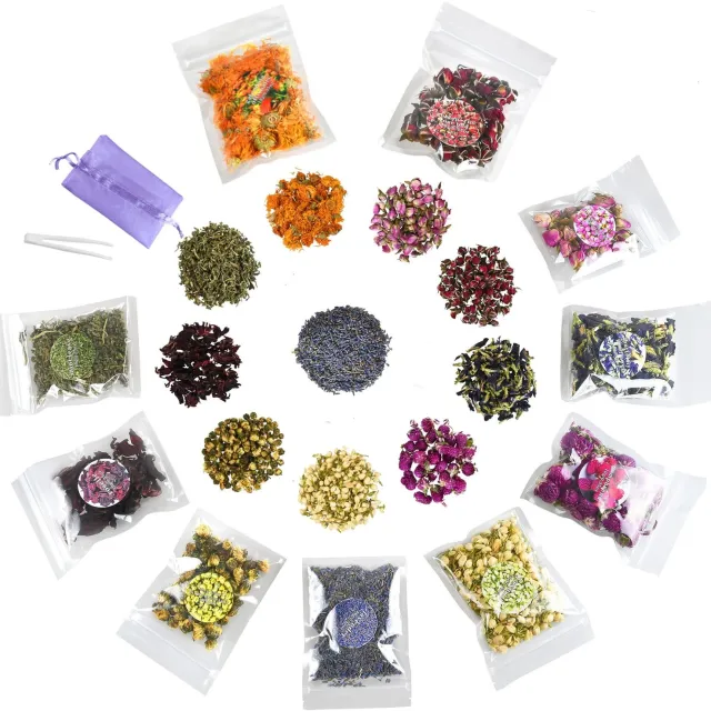 Famanu Natuurlijke gedroogde bloemen en kruiden, set van 10 zakjes voor zeep, kaarsen en sieraden maken