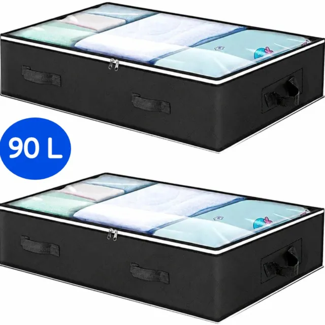 Flintry 2-Delige Set Opbergtassen/-Dozen Voor Kleding – 90 L– Verhuisdozen Voor Kleding, Jurken, Beddengoed–Voorzien Van Deksel, Handgrepen En Transparant Venster- Zwart (100 X 50 X 18 Cm)