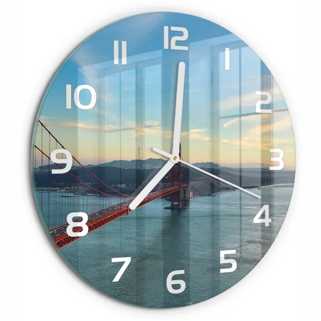 TULUP Wandklok - San Francisco-brug Glazen Klok Met Print - fi30 cm - Rood Wandklok Glas Met Motief - Witte handen - Ronde Klok - Wandklok Glas Decoratie - Gekleurde Glazen Klok