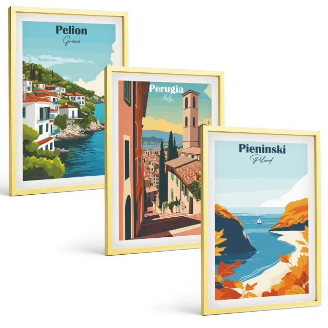 TULUP 4-Delige Schilderij Set - Schilderachtige landschappen in retrostijl - 40 x 60 cm - Moderne Wanddecoratie - Woonkamer - Stijlvolle Muurdecoratie Gouden lijst
