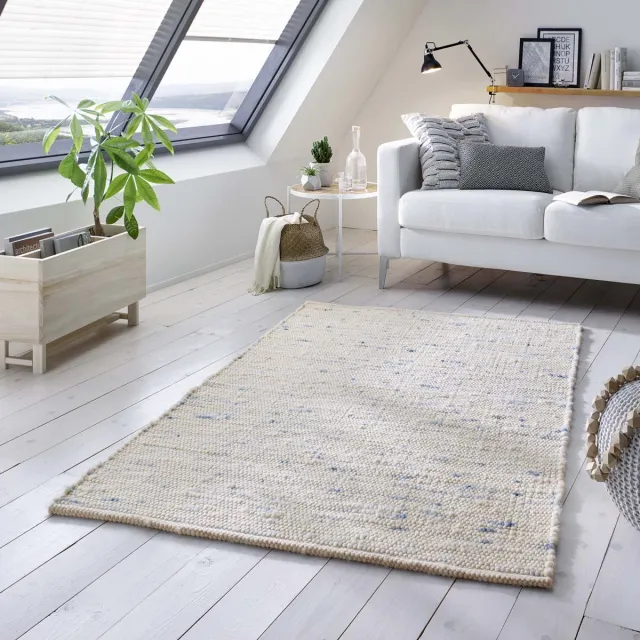Tapeso Wollen vloerkleed - Oslo crème/blauw 90x160