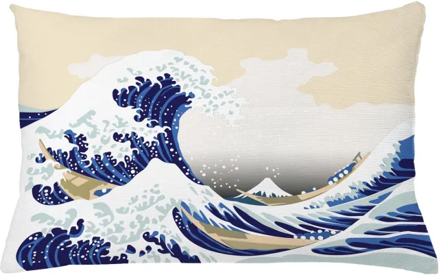 ABAKUHAUS Wave Sierkussenhoes, Hokusai Patroon Japans Ukiyoe Thema Oosters Schets Stijl Oceaan, Decoratieve Rechthoekige Sierkussenhoes, 65 x 40 cm, Marineblauw Blauw