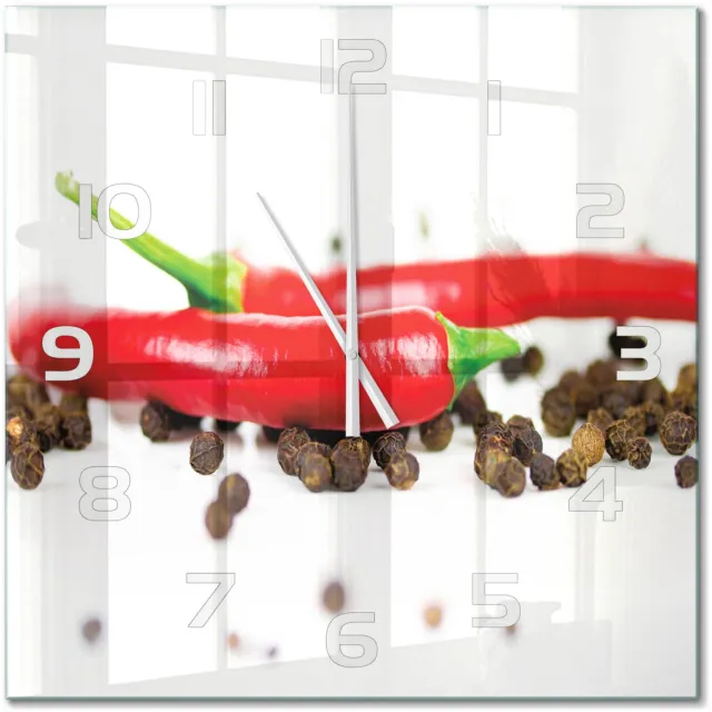 TULUP Wandklok - Chili en peper Decoratieve Glazen Klok - 60x60 cm - Rood Glazen Wandklok Design - Witte handen - Vierkante Klok - Glazen Klok Met Print - Wandklok Glas Met Motief