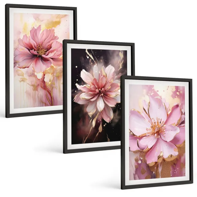 TULUP 4-Delige Schilderij Set - Bloemencomposities in roze en witte tinten. - 40 x 60 cm - Wanddecoratie - Schilderijen Set - Interieur - Interieur Decoratie Zwarte lijst