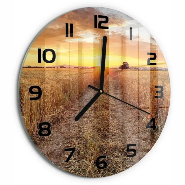 TULUP Wandklok - Tarweveld Gekleurde Glazen Klok - fi30 cm - Geel Glazen Klok Met Print - Zwarte handen - Ronde Klok - Moderne Wandklok Glas - Wandklok Glas Decoratie
