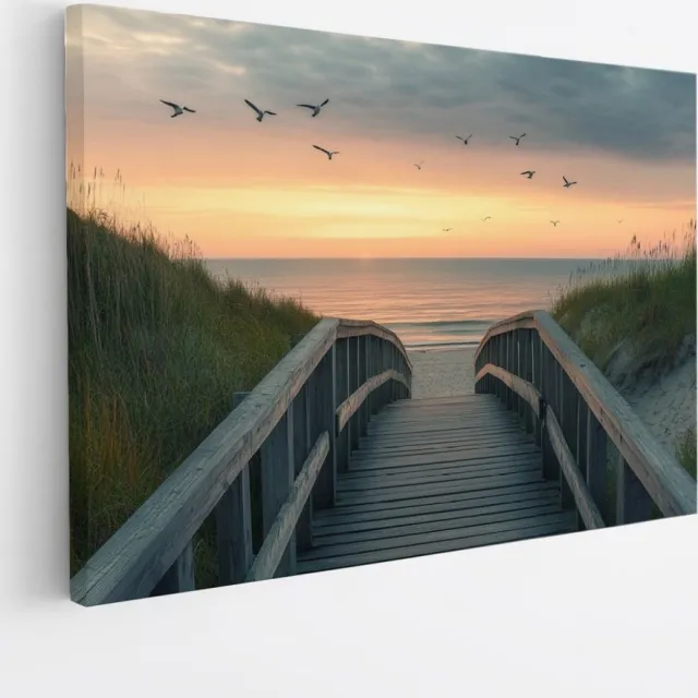 Saammp Canvas Schilderij - Brug tussen de duinen - strand en zee - 120x80 - Foto op canvas - Wanddecoratie - muurdecoratie Woonkamer - Slaapkamer decoratie - Canvas Print Multicolor