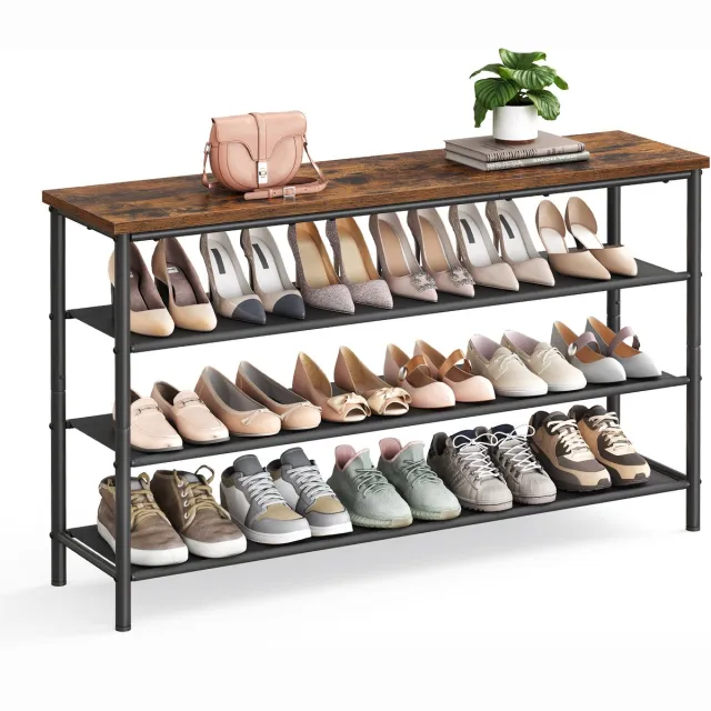 Vasagle Schoenenrek - Schoenenrek 4 Lagen - 3 Stoffen Planken - Metalen Frame - Voor Hal Bruin-Zwart