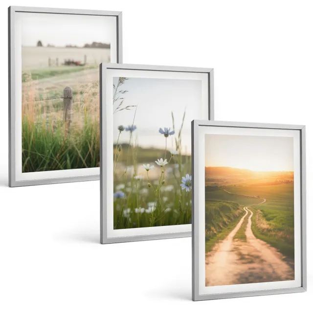 TULUP 4-Delige Schilderij Set - Natuurlandschappen met velden en paden in de zon. - 40 x 60 cm - Stijlvolle Muurdecoratie - Slaapkamer Zilveren lijst