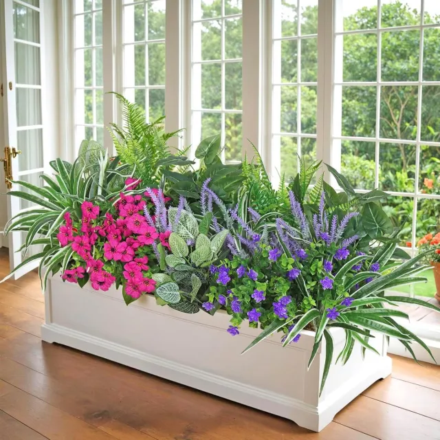 Famanu Kunstplanten voor buiten, 20 stuks, kunstplanten, bloemen zoals echte kunstbalkonplanten, weerbestendig, uv-bestendig, kunststengel, varen, bladeren, kunstbloemen voor balkon, tuin Famanu