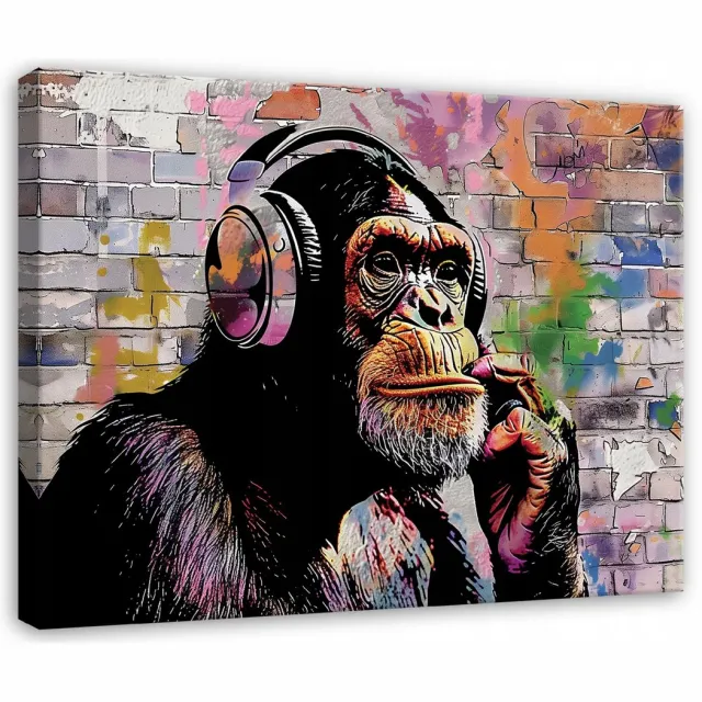 WALLARENA Canvas schilderij - 100x70 cm - Banksy aap graffiti street art modern multikleurig