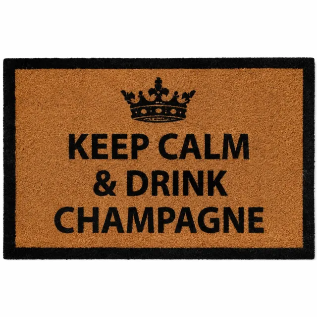 HEM Deurmat Keep Calm & Drink Champagne – Kokosmat 59x39 cm – Antislip PVC Onderzijde – Champagne Design – Entree Mat – Inclusief HEM Microvezeldoekje Bruin