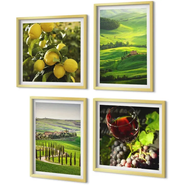 Coloray 4-Delige Schilderij Set - Italiaanse landschappen met citrusbomen en groene heuvels - 40 x 40 cm en 40 x 60 cm - Muurdecoratie - Schilderijen Set - Woonkamer - Wanddecoratie Gouden lijst