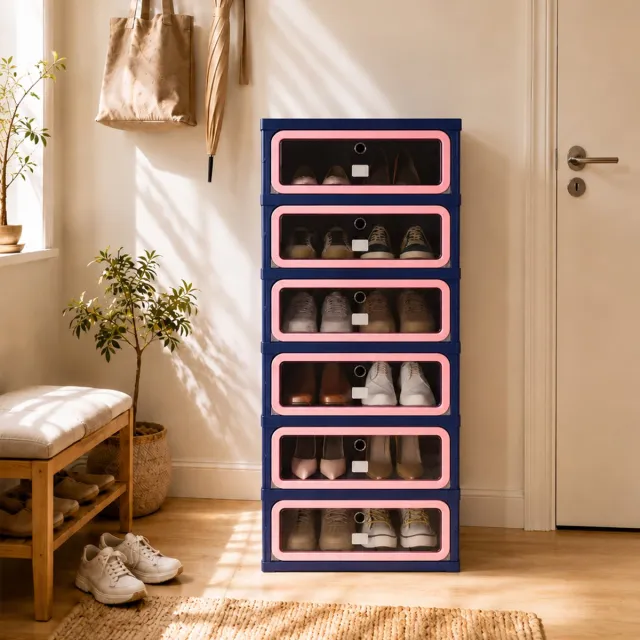ROSAHQNDA Schoenenkast - 45x34,5x105,5 cm - 6 Laags Opvouwbare Schoenenkast Zonder Montage - Transparante Deuren met Magnetische Sluiting - Opbergkast voor Hal, Entree en Woonkamer - PP ABS blauw + roze