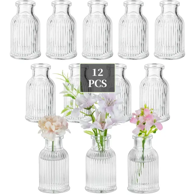 Famanu Set van 12 glazen bud vazen voor tafeldecoratie, mini vazen voor bruiloften en feesten Transparant