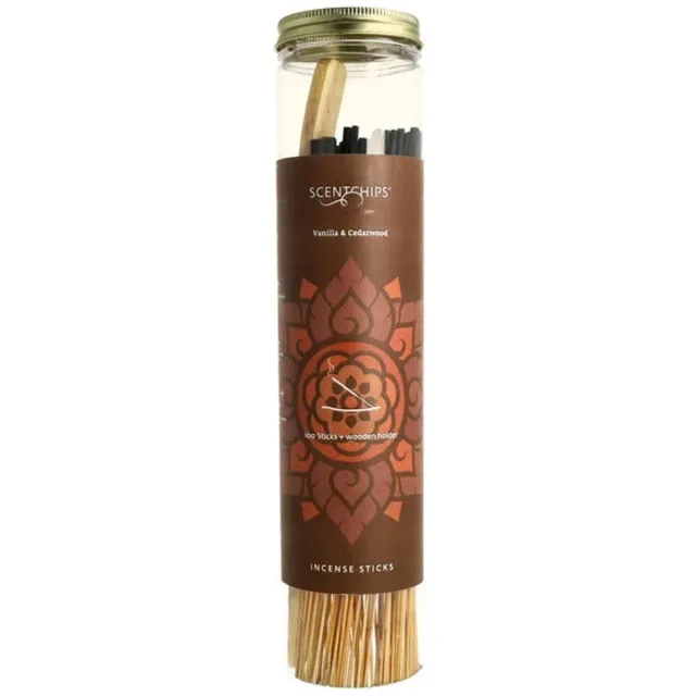 Scentchips Wierookstokjes Vanilla & Cedarwood – 100 Sticks met Wierookhouder – Vanille & Cederhout Bruin