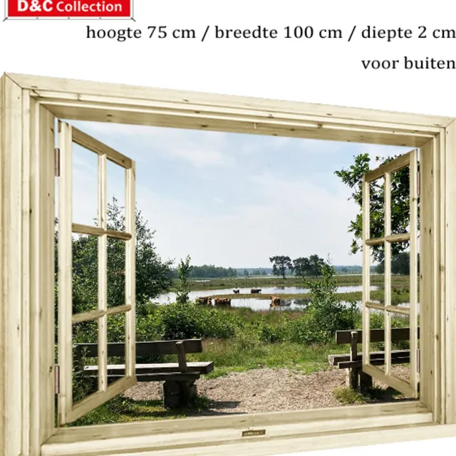 D&C Collection 75x100x2 cm - tuincanvas - doorkijk - nostalgisch venster - hooglanders - water - bankjes - koeien - tuinposter - tuindoek - opgespannen op houten frame groen, bruin, blauw
