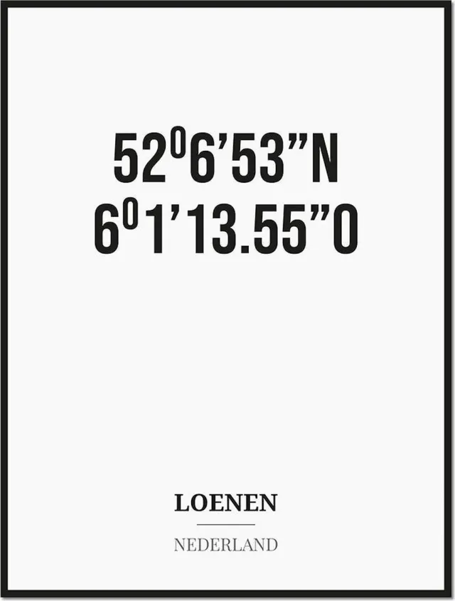 Studio216 Poster/kaart LOENEN met coördinaten zwart, wit