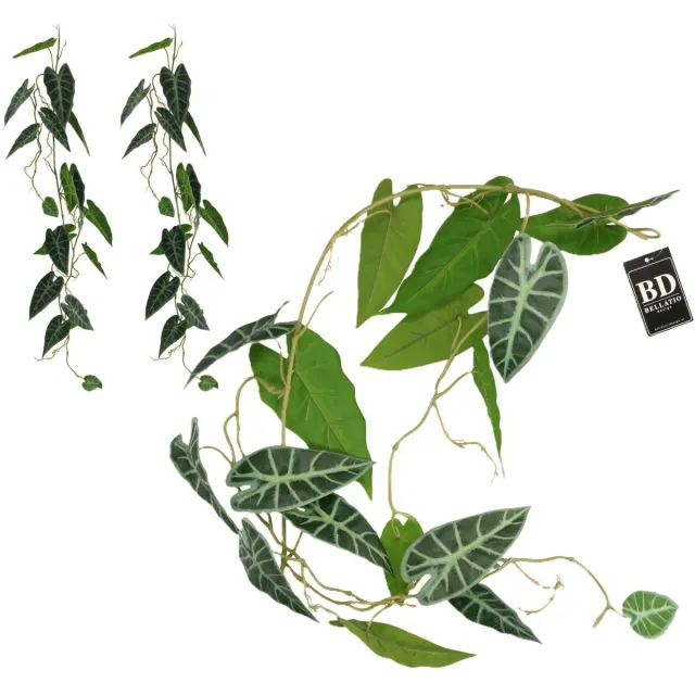 Bellatio Design kunstplant / hangplant slinger - 3x - Alocasia - groen - 105 cm lang - planten guirlandes - bladeren