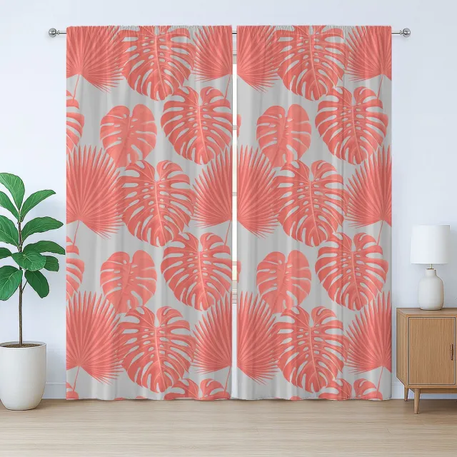 ABAKUHAUS Tropisch rustiek gordijn, exotische Monstera-plantage, slaapkamergordijn met plooien, lussen en haken, 280 x 260 cm, lichtgrijs en zalmkleur
