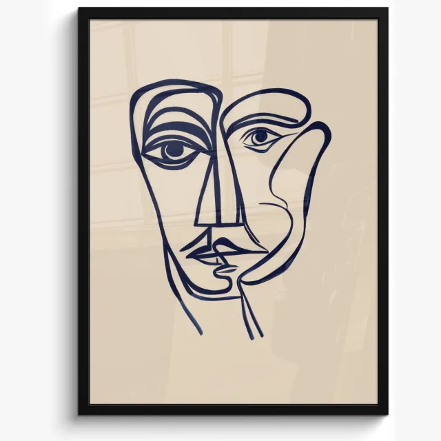 FrameYourWall Poster in lijst - Fotolijst 50x70 cm - Posters - Minimalistisch - Lijnillustratie - Beige - Donkerblauw - Posterlijst zwart - Decoratie - Wanddecoratie woonkamer - Muurdecoratie slaapkamer Lijnillustratie - Gezicht