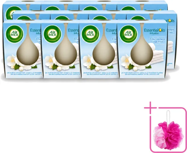Air Wick 12 x Air Wick – Geurkaars – Fris Linnen met Essentiële Oliën – 105 g - Bulkverpakking - Geurkaars - Douchemop - Fris linnen Wit