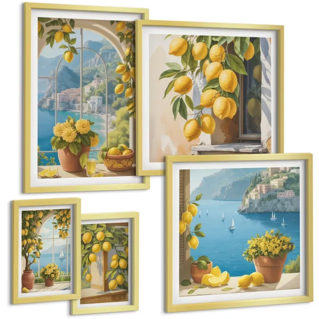 TULUP 5-Delige Schilderij Set - Citroenaccenten in Provençaalse stijl met uitzicht op zee - 50 x 50 cm, 20 x 30 cm en 40 x 60 cm - Wanddecoratie - Moderne Interieurdecoratie - Interieur Decoratie Gouden lijst