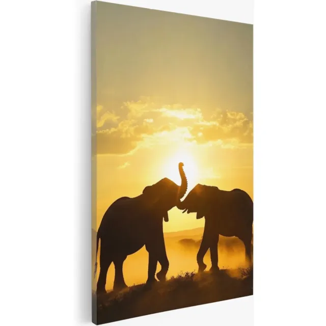 Saammp Canvas Schilderij - 2 spelende olifanten - Zonsondergang - Natuur - Dieren - 20x30 - Foto op canvas - Wanddecoratie - Muurdecoratie Woonkamer - Slaapkamer decoratie - Canvas Print Multicolor