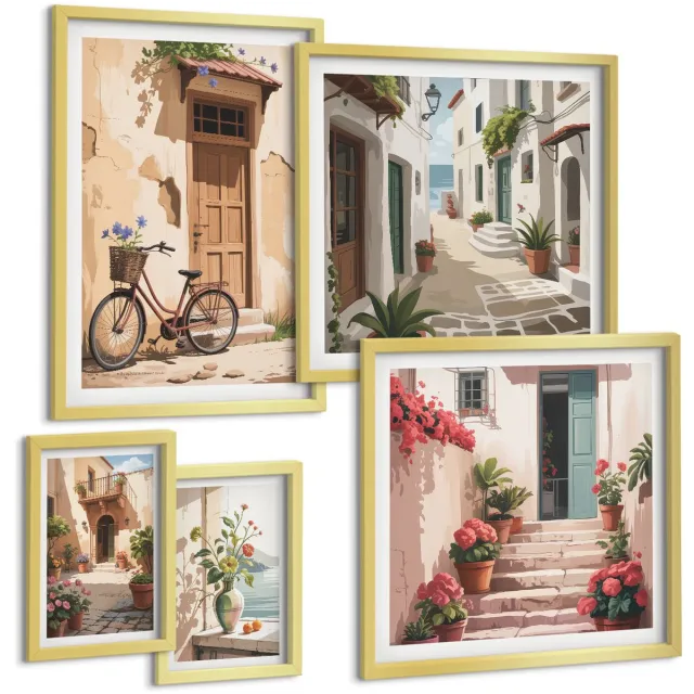 Coloray 5-Delige Schilderij Set - Sfeervolle Straatjes Met Fietsen En Bloemen In Potten. - 50 x 50 cm, 20 x 30 cm En 40 x 60 cm - Wanddecoratie - Muurdecoratie - Moderne Interieurdecoratie - Decoratieve Schilderijen Gouden lijst