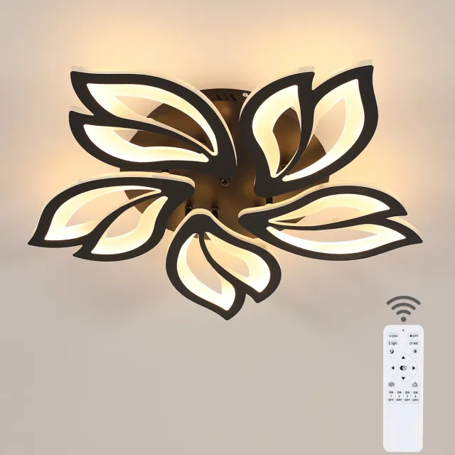 Haobosic Dimbare LED-plafondlamp met afstandsbediening, 45W LED-plafondlamp met creatief bloemblaadjesontwerp, 3000K-6500K, zwarte hanglamp voor woonkamer en eetkamer