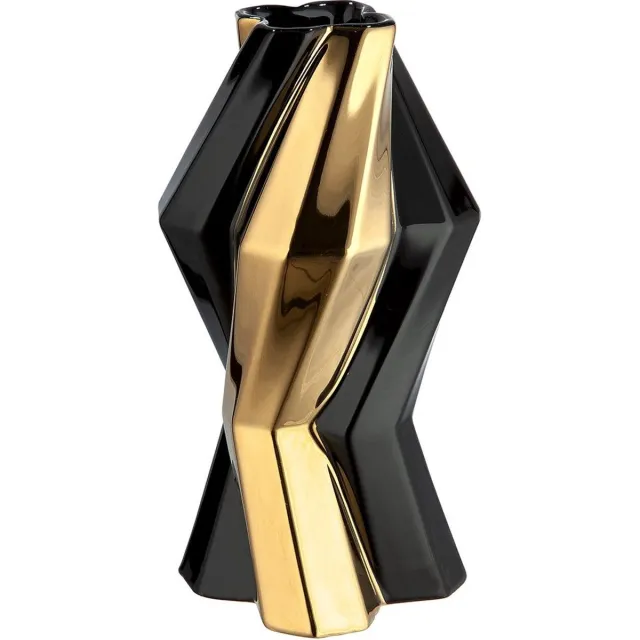 Gilde Keramische Vaas Canto – Zwart & Goud – 25 cm – Luxe Moderne Woondecoratie zwart,goud
