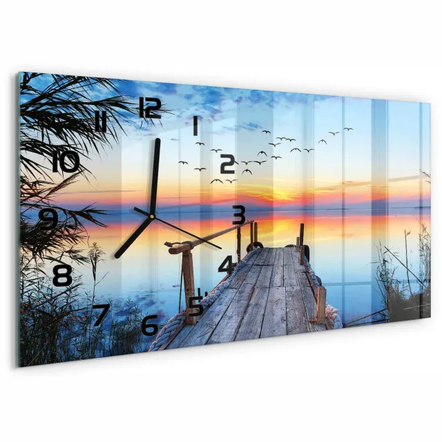 TULUP Wandklok - Houten brug Moderne Wandklok Glas - 60x30 cm - Oranje Wandklok Glas Decoratie - Zwarte handen - Rechthoekige Klok - Glazen Wandklok Design - Klok Glas Met Opdruk