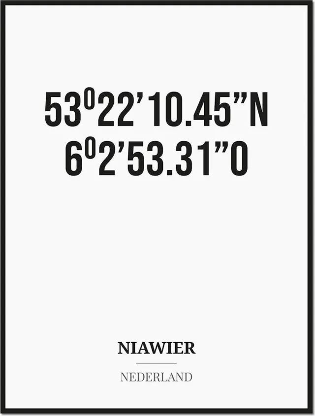Studio216 Poster/kaart NIAWIER met coördinaten zwart, wit