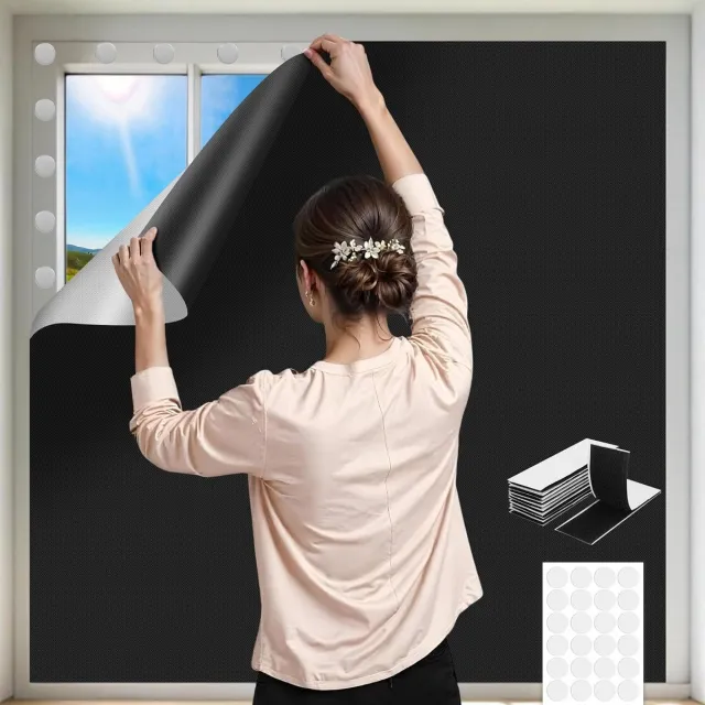 Bobypet Draagbaar Verduisteringsgordijn met Klittenband - 145x100 cm Blackout Rolgordijn zonder Boren - Op Maat te Knippen Thermische Zonwering met Zilvercoating - Tijdelijke Lichtdichte Raamverduistering voor Slaapkamer, Babykamer, Hotel en Caravan - Zwart