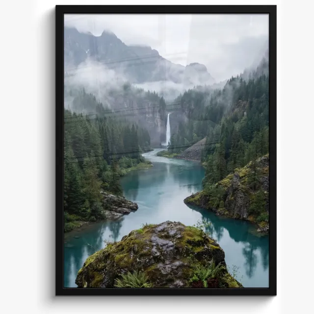 FrameYourWall Poster in lijst - Fotolijst 50x70 cm - Posters - Waterval - Bomen - Bergen - Posterlijst zwart - Decoratie - Wanddecoratie woonkamer - Muurdecoratie slaapkamer