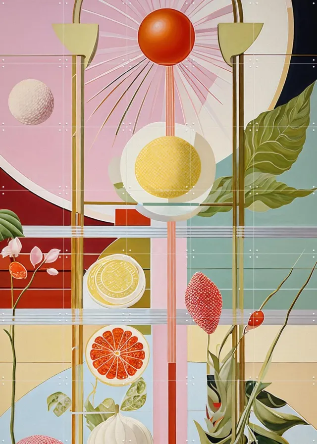 IXXI Fruit Lines, Artclaud - 100 x 140 cm - Grote wanddecoratie en posters - Geometrische Kunst, Abstract, Kleurrijk, Grafisch Ontwerp, Woonkamer Geel