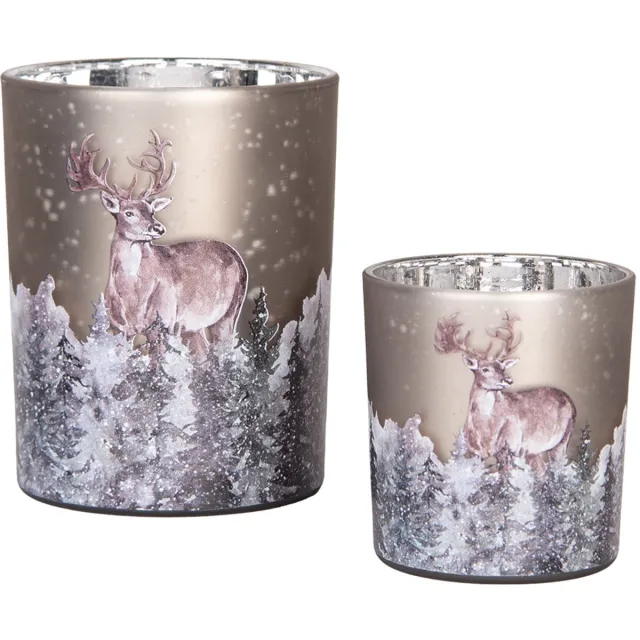 Clayre & Eef Theelichthouder Set van 2 Ø 7x8 / 10x13 cm Grijs Glas Hert
