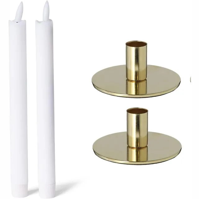 Novaliv Set van 2 kaarsenhouders metaal rond goud 10x5cm met LED premium echte wax kaarsen tafelkaars flikkerend effect kersttafeldecoratie kandelaar kaarspen scandinavisch chic vintage kaarsenhouder