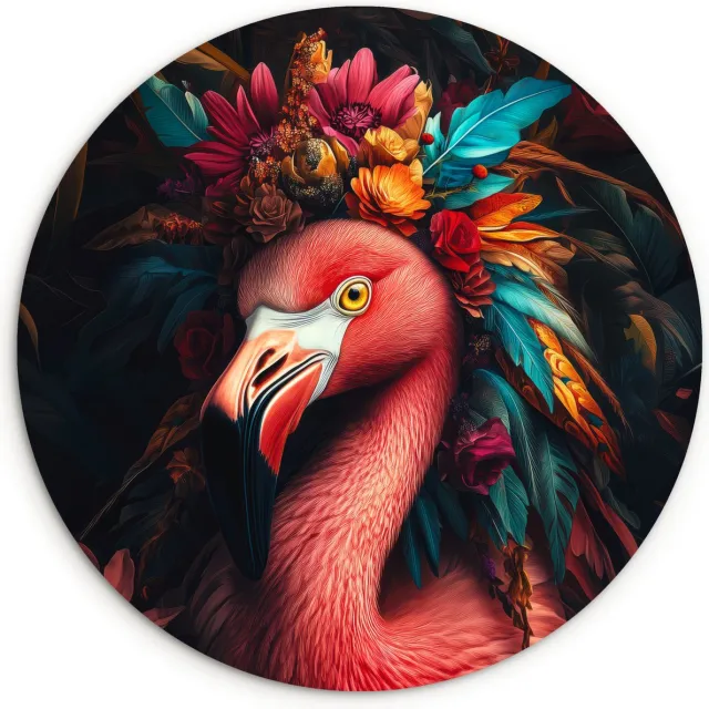 WallCircle Wandcirkel 90x90 - Flamingo - Kleuren - Bloemen - Veren - Ronde schilderijen woonkamer - Wandbord rond - Muurdecoratie cirkel - Kamer decoratie binnen - Wanddecoratie muurcirkel - Woonaccessoires