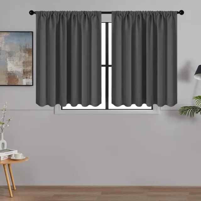 Famanu Gordijnen - kort - verduisteringsgordijnen - ondoorzichtig - keukengordijnen - set van 2 stuks - decoratieve vitrage voor woonkamer - slaapkamer - 60 x 90 cm (H x B) - antraciet gordijnen