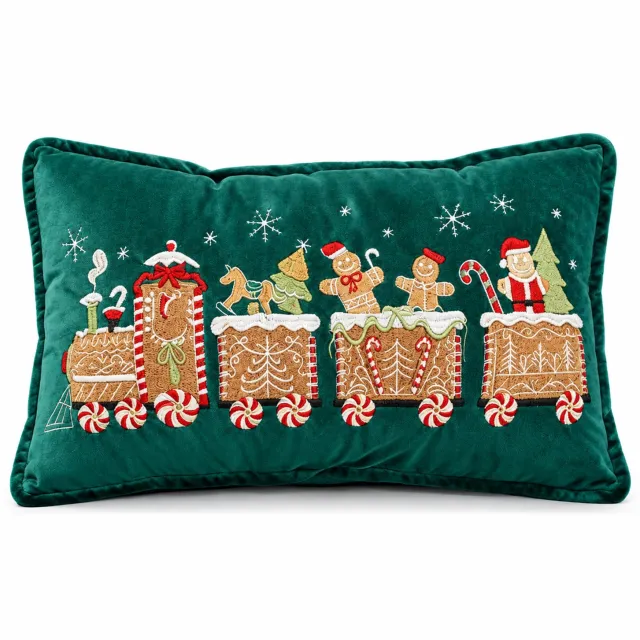 SWGOTA Fluwelen kerstkussenhoes 50 x 30 cm met kersttrein en omlopende rand - Rechthoekige decoratie voor bank en bed Groen