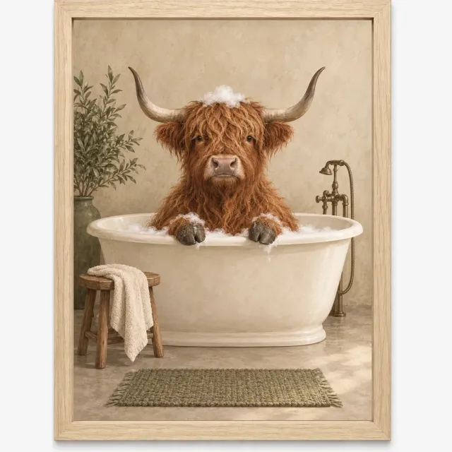 Joshimo Schotse Hooglander Poster | Hooglander in Bad | Inclusief Lichtbruine A3 Lijst Beige
