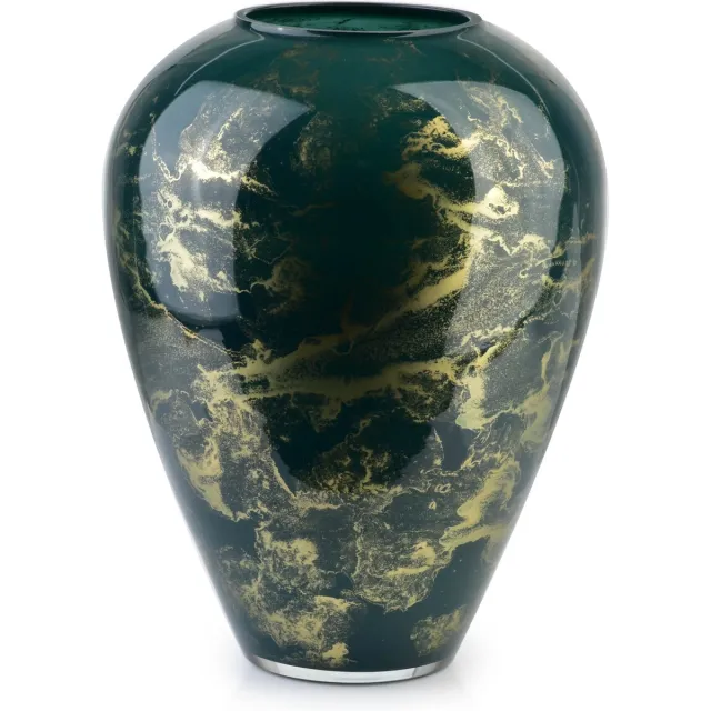Terroso Handgemaakte Glazen Vaas - Bloemenvaas - Groen met Goud - Marmer Look - Interieur Woondecoratie - 27 cm Hoog