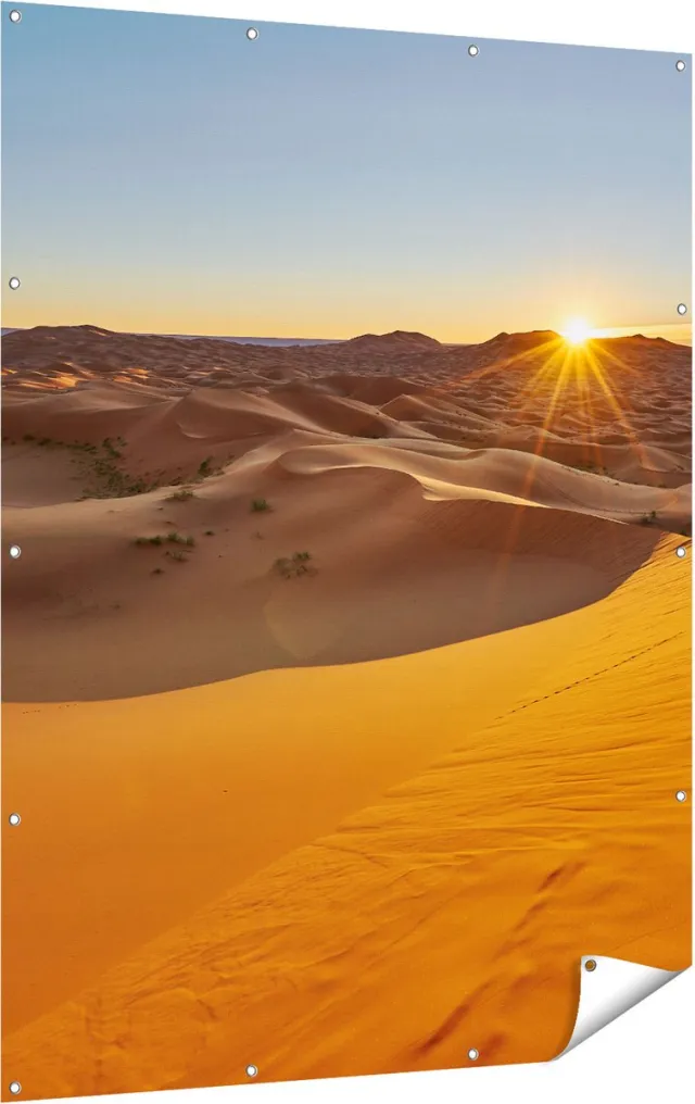 Gards Tuinposter Woestijn in de Sahara met een Opkomende Zon - 120x160 cm - Tuindoek - Tuindecoratie - Wanddecoratie buiten - Tuinschilderij Multikleur