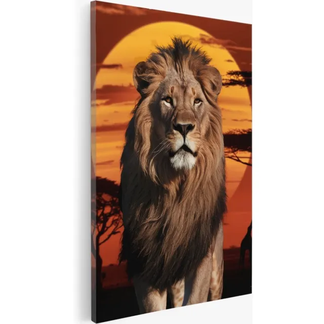 Saammp Canvas Schilderij - Leeuw met afrikaanse zonsondergang - Natuur - Dieren - 30x45 - Foto op canvas - Wanddecoratie - Muurdecoratie Woonkamer - Slaapkamer decoratie - Canvas Print Multicolor