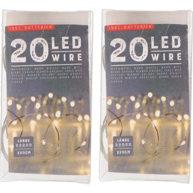 Cepewa Set van 2x stuks draadverlichting lichtsnoer met 20 lampjes warm wit 220 cm - Lichtdraden/lichtsnoeren - kerstverlichting