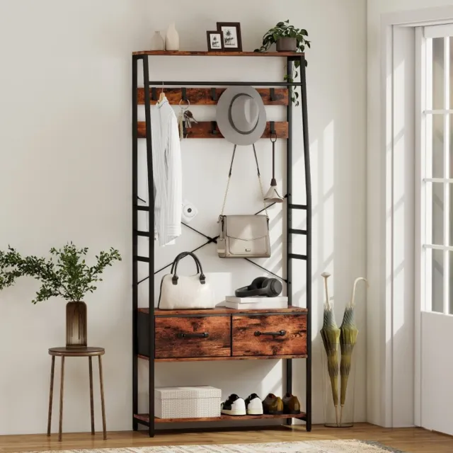 MODFU Kapstok met schoenenbank – 80x30x180 cm – Industrieel design van hout en metaal – 10 afneembare haken – All-in-1 opbergmeubel voor hal, slaapkamer & bijkeuken – Bruin/zwart Rustiek bruin